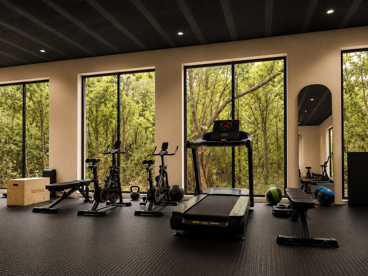 Sala de Tempo Movement con ventanales de piso a techo hacia la selva